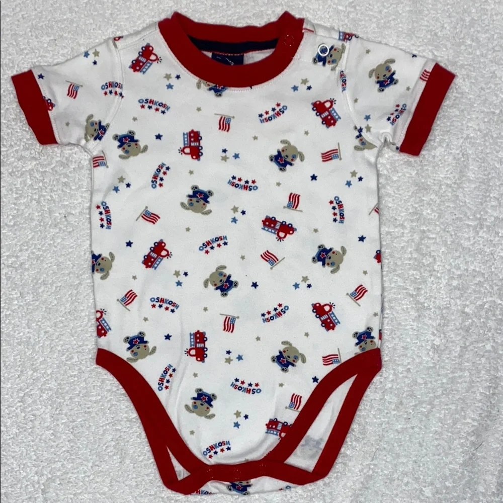 OshKosh B'gosh Baby Bodysuit Red White blue fire truck stars dog 12m